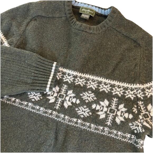 Eddie Bauer 100% Lambs’ Wool Nordic Snow Pattern Green Men's Sweater Sz Large - Picture 1 of 11